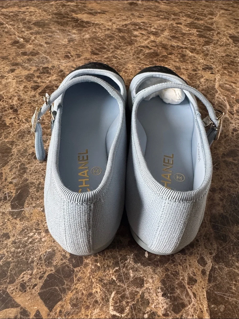 Chanel 25s Mary Janes blue black cap toe logo flats ballet sz 39.5
